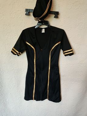 Leg Avenue Black & Gold Sexy Pilot Flight Attendant Uniform & Hat Party Costume